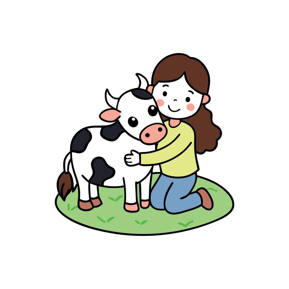 Girl hugging cow in field vector