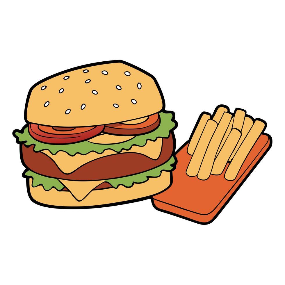Classic American meat and cheese sandwich served with crispy fries consisting of a ground beef patty vector