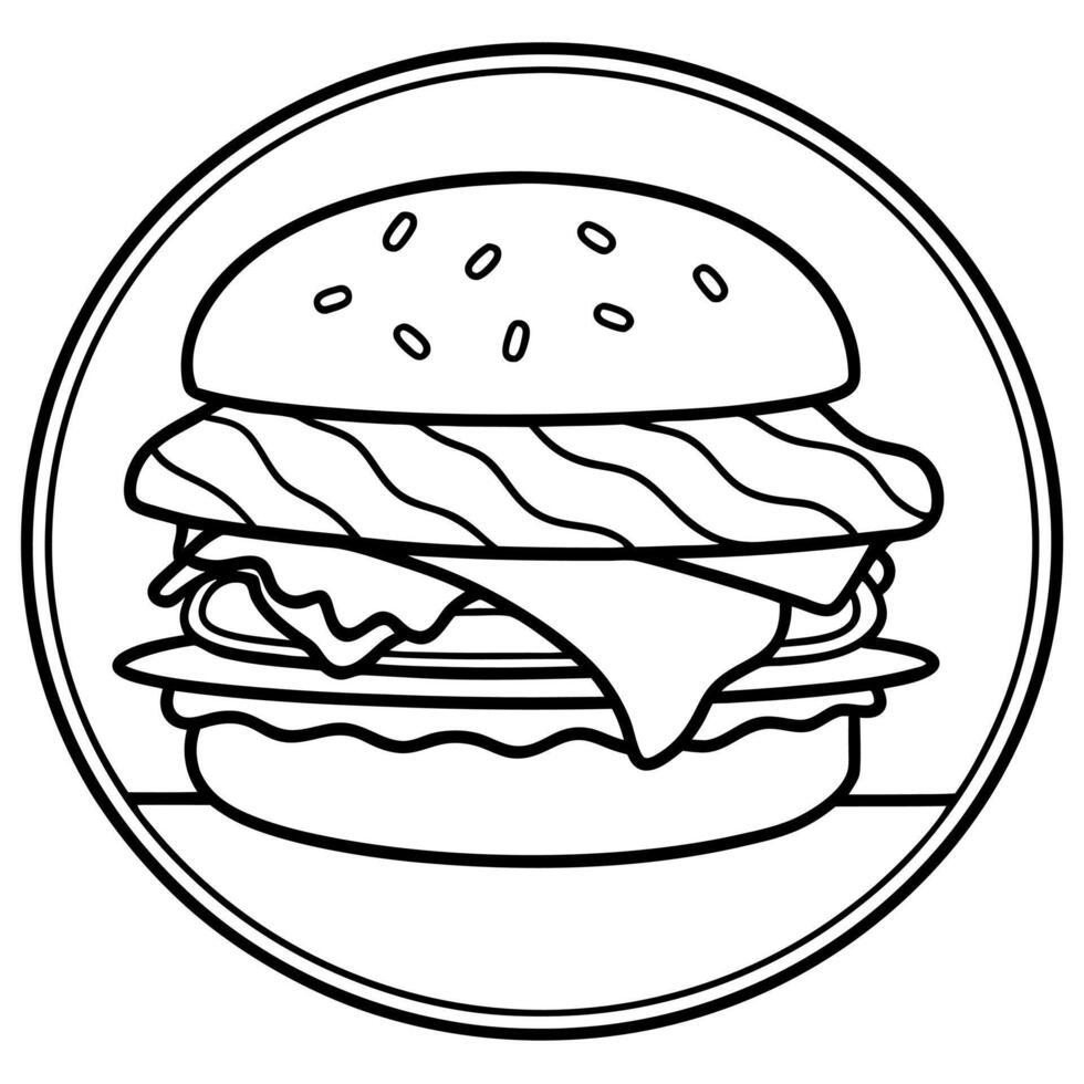 Delicious burger with a beef patty. melted cheese. and crispy bacon on a plate set on a wooden table vector