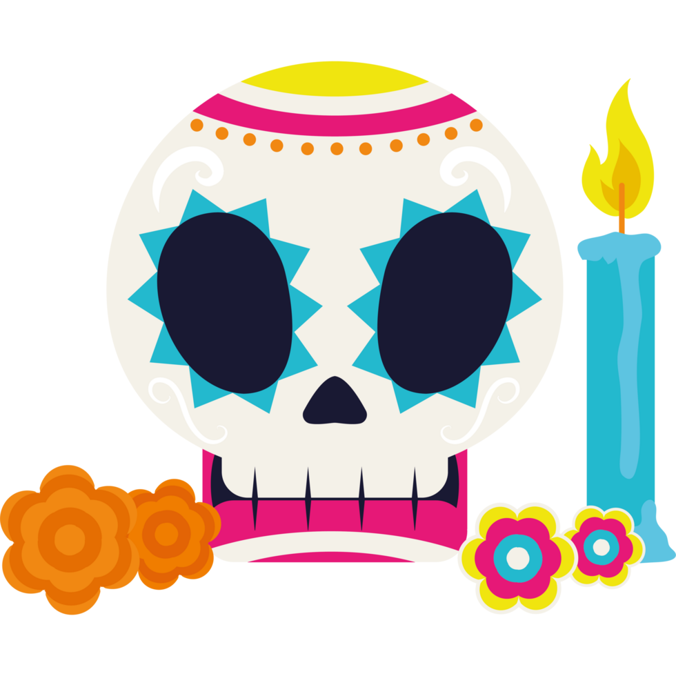 Day of the dead skull with candles and flowers png