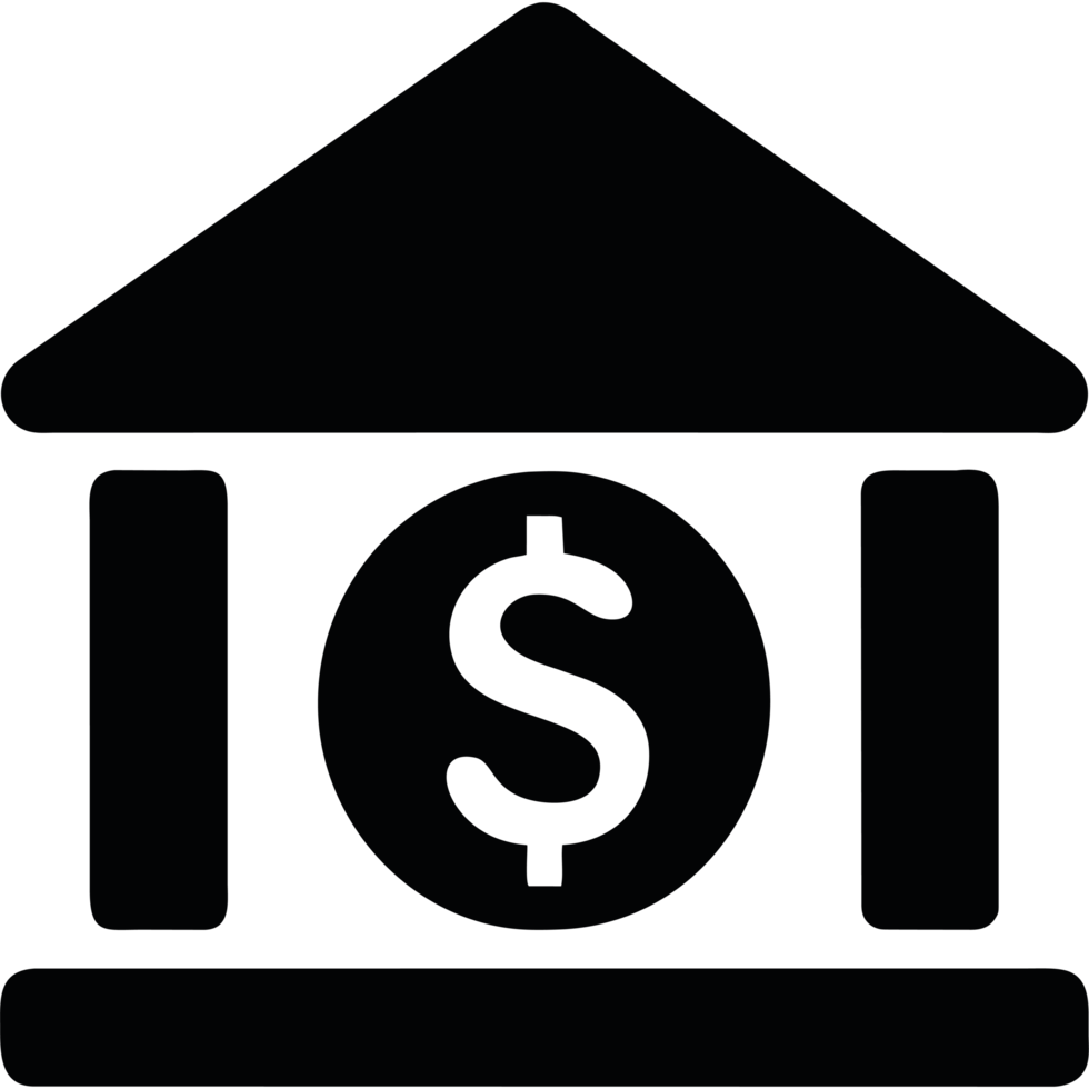 A black and white image of a bank building with a dollar sign png