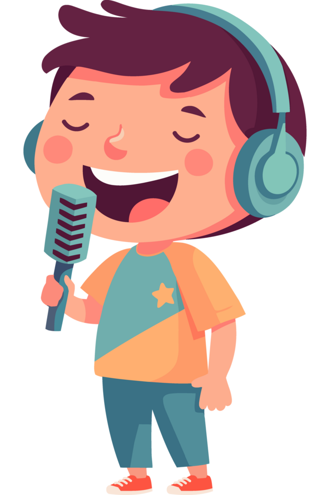 Cartoon boy singing with microphone png