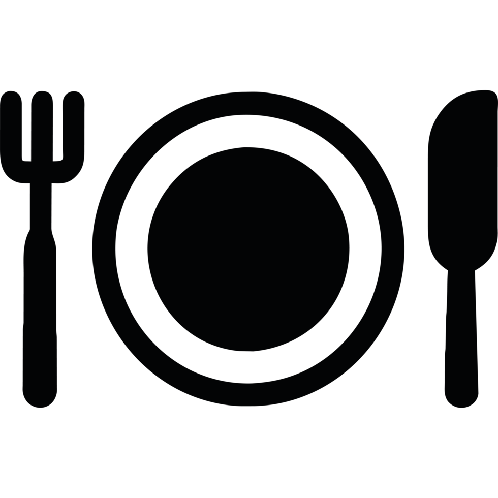 A black and white plate with a fork and knife png