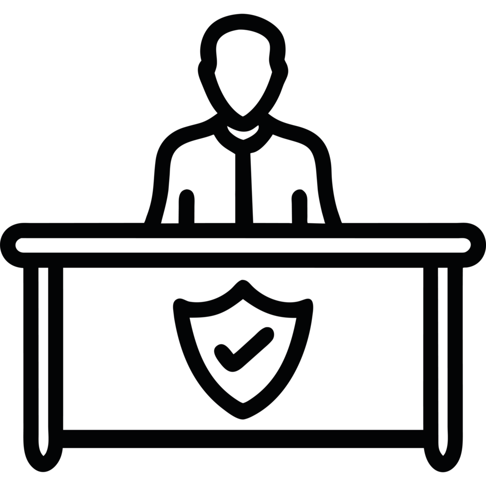 A black and white illustration of a man sitting at a desk png