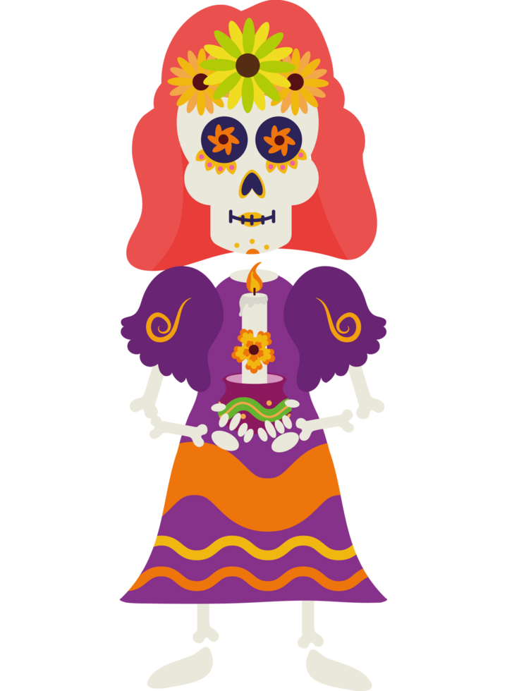 A cartoon skeleton with a flower in her hand png