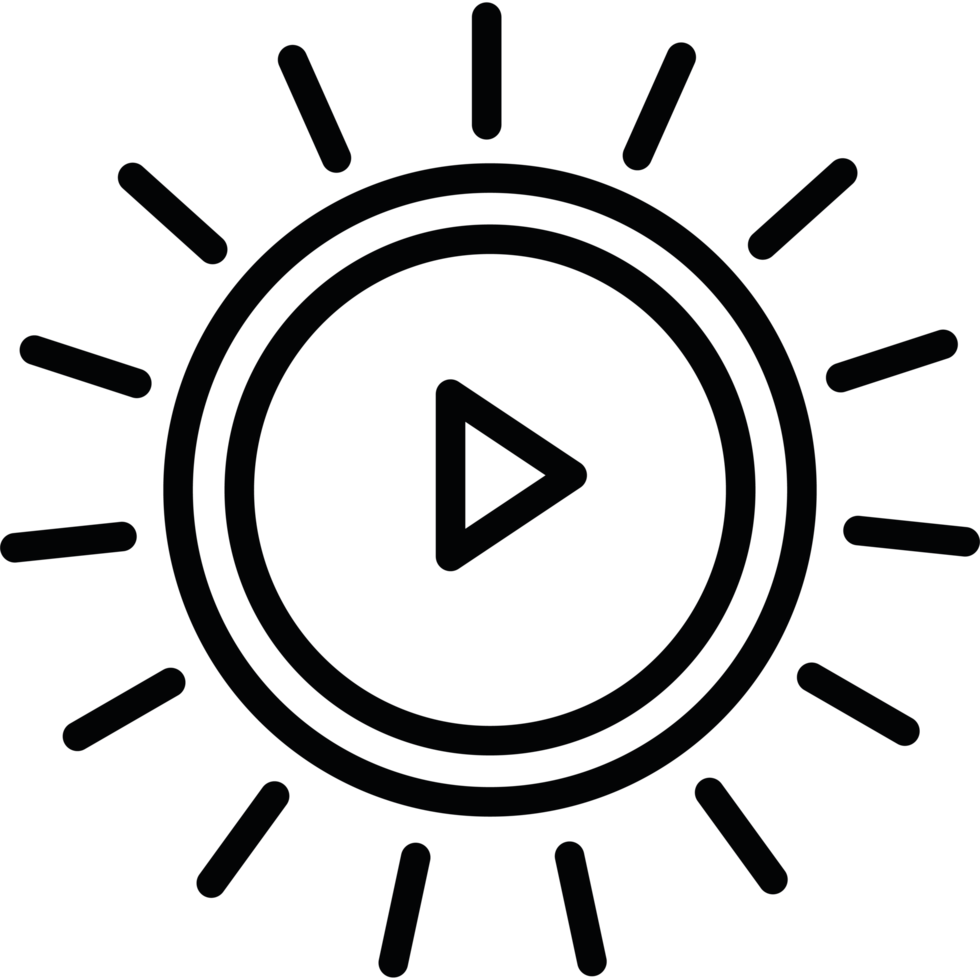 A black and white image of a sun with a play button png
