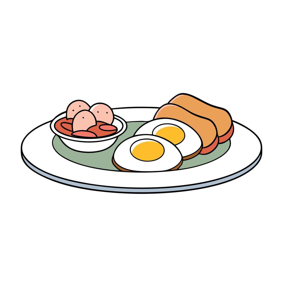 A plate of eggs. ham. and bread on a table vector