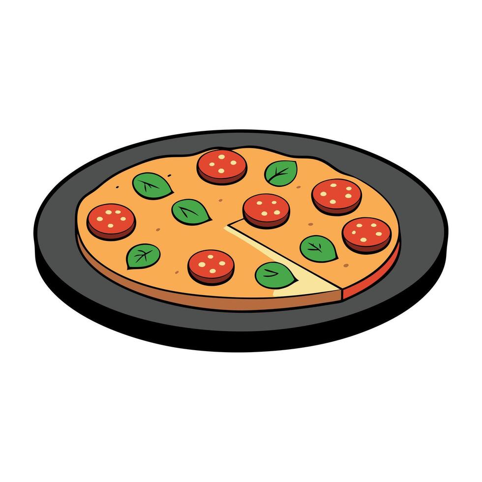 A pizza with tomatoes on a black plate vector