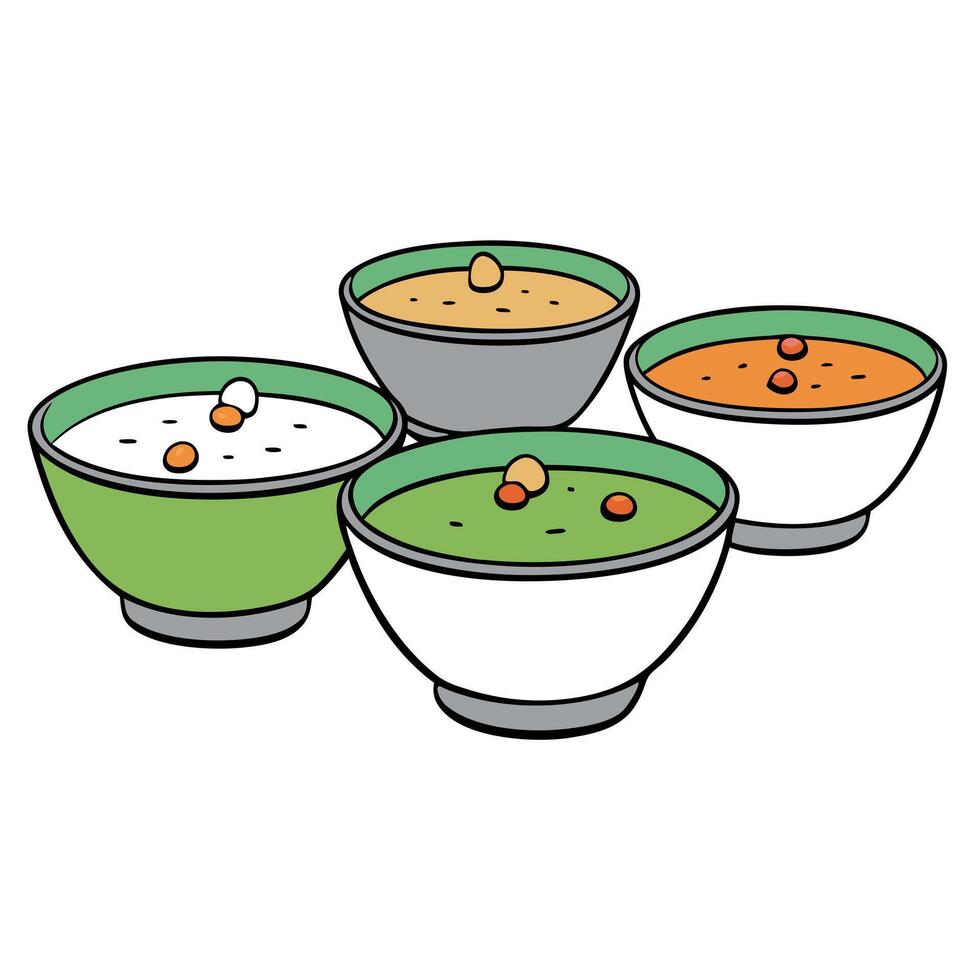 A group of bowls of soup vector