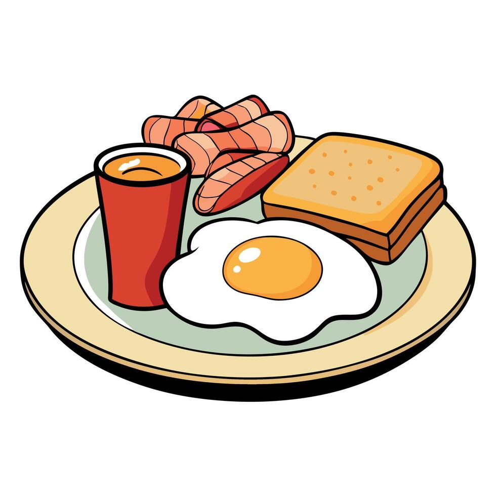 un amontonamiento plato de mullido revuelto huevos con crujiente picadillo marrones crujiente tocino. y untado con mantequilla tostada. vector