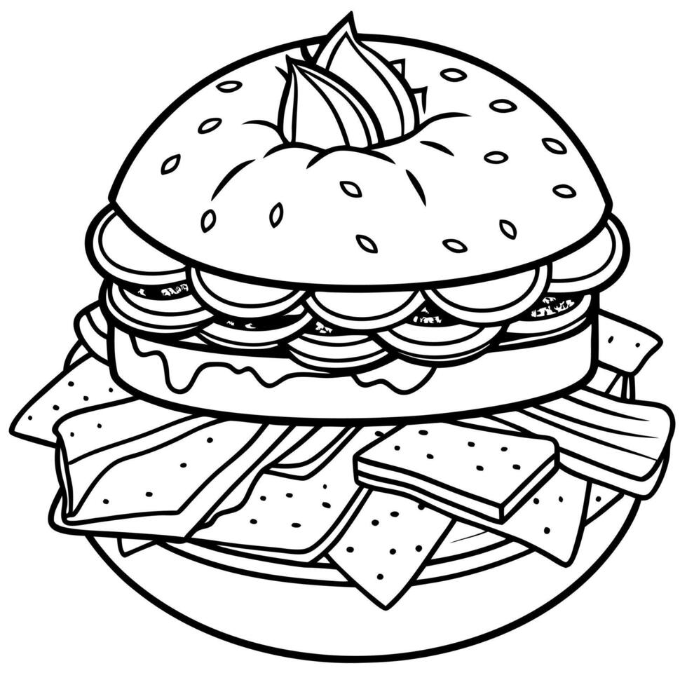 Juicy Gourmet Cheeseburger with Bacon. Pickles. and Fresh Vegetables on Sesame Seed Bun - Delicious vector