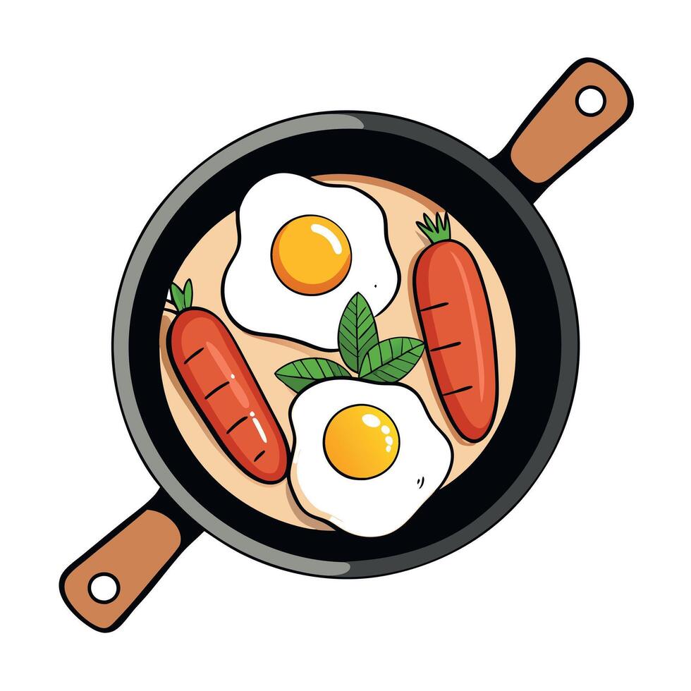 Delicious breakfast with fried eggs. sausages. herbs in a skillet on a rustic wooden table. Top view vector