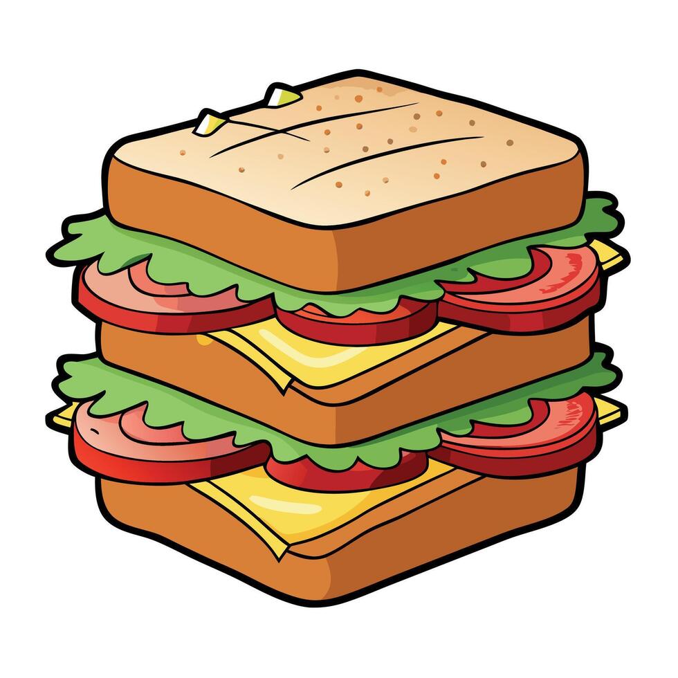 Delicious stacked sandwich with layers of bacon. ham. cheese. and fresh vegetables on toasted bread. vector