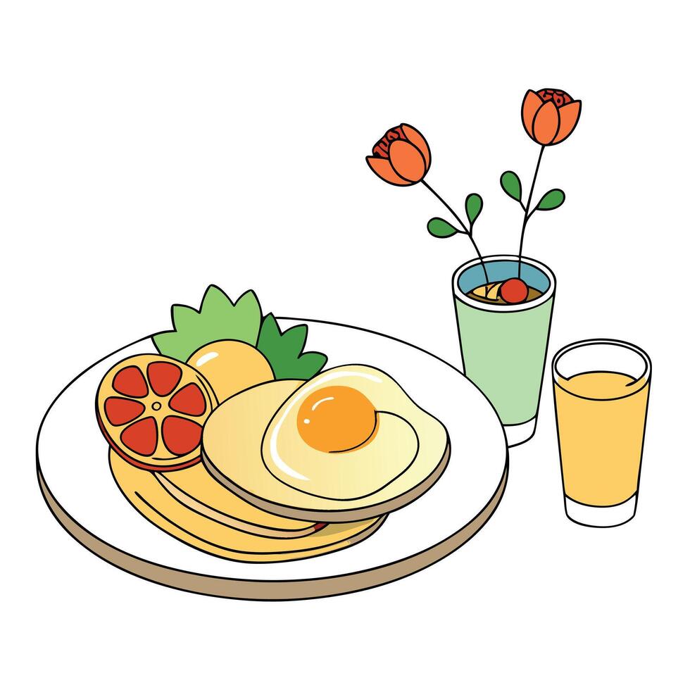 A breakfast plate with pancakes. fried eggs. avocado slices. cherry tomatoes. and a garnish of herbs vector