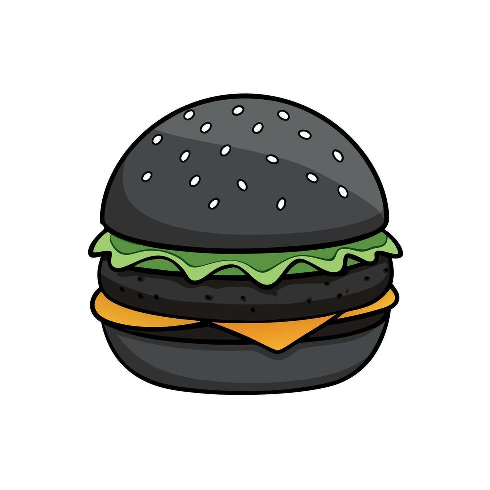 A Gourmet Black Burger with a Thick Beef Patty. Tantalizing Toppings. and a Charcoal Bun. Perfectly vector