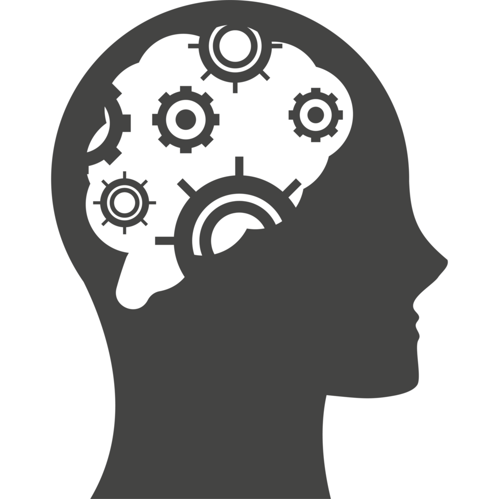 A silhouette of a head with gears in it png