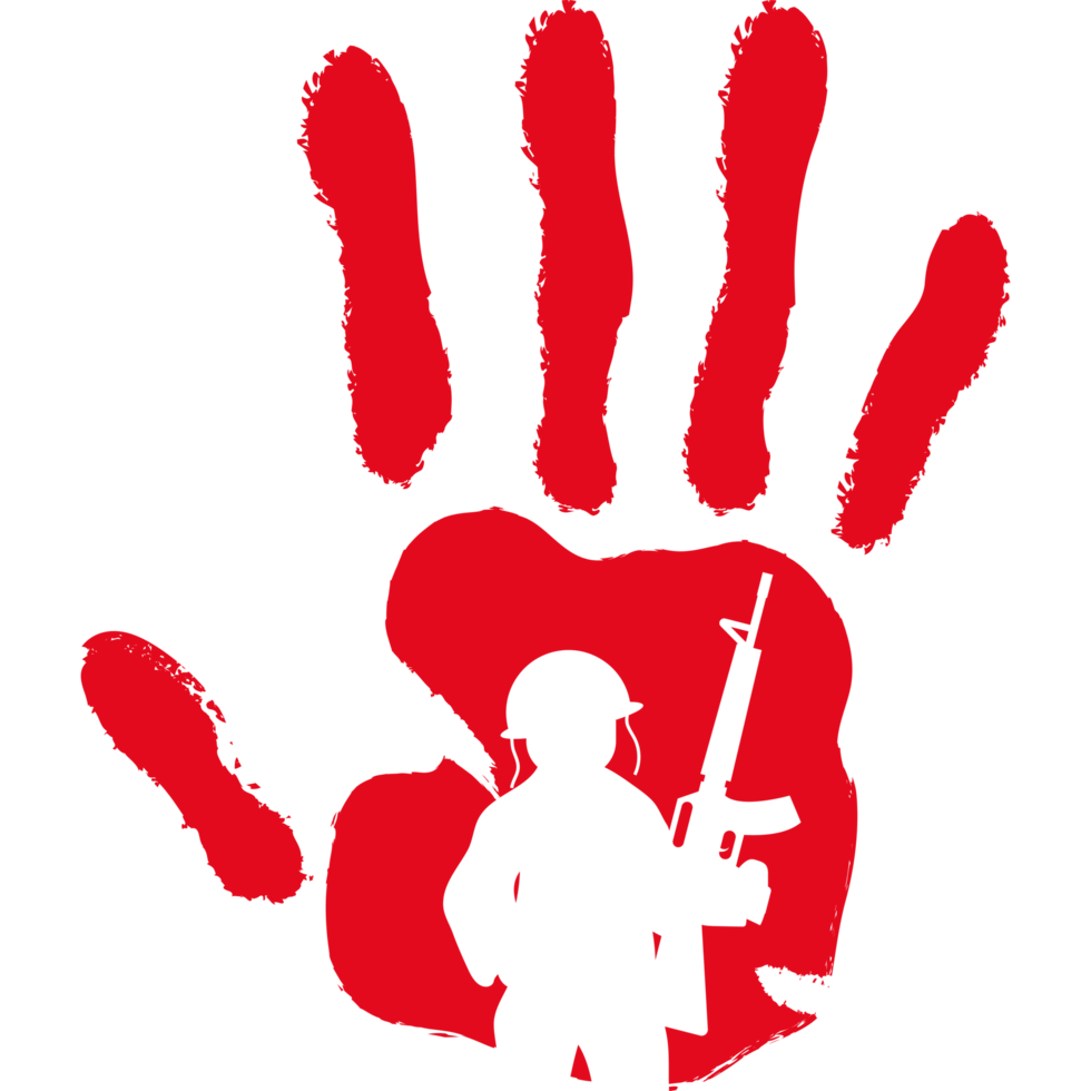 A red hand print with a man holding a rifle png