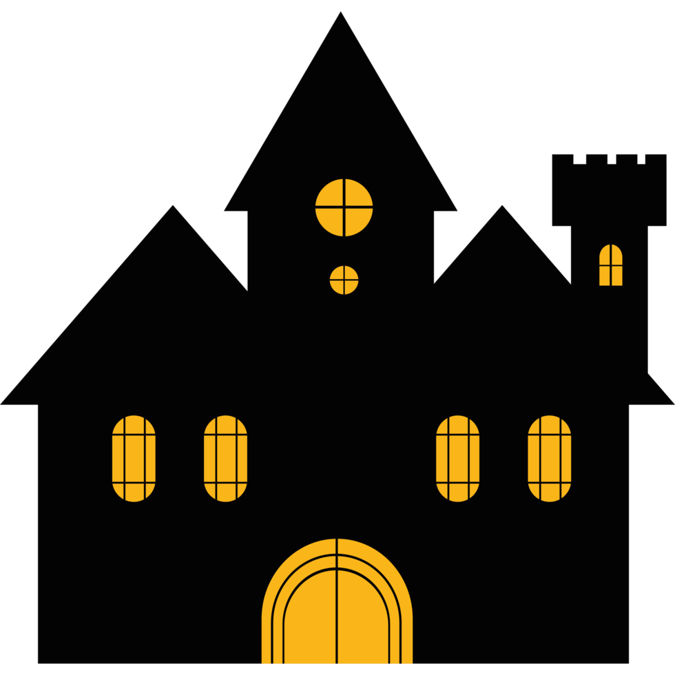A black and yellow house with windows and a door png