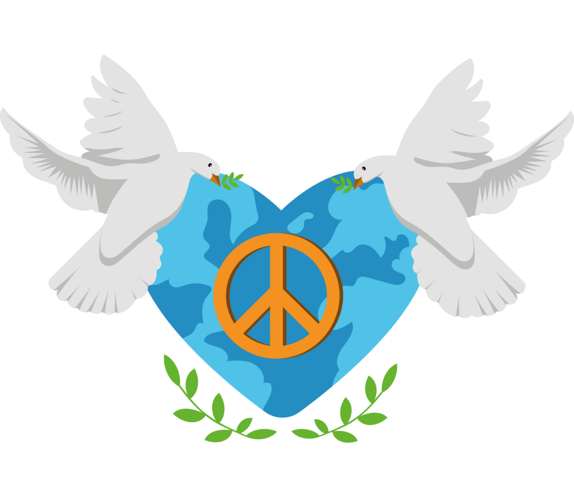 Two white doves with peace sign in front of a heart png