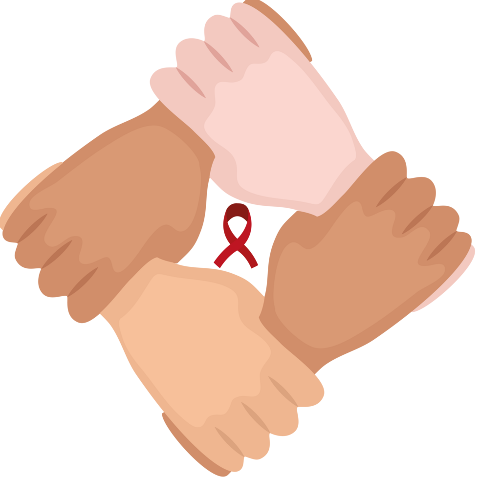 Hands holding together with a red ribbon png