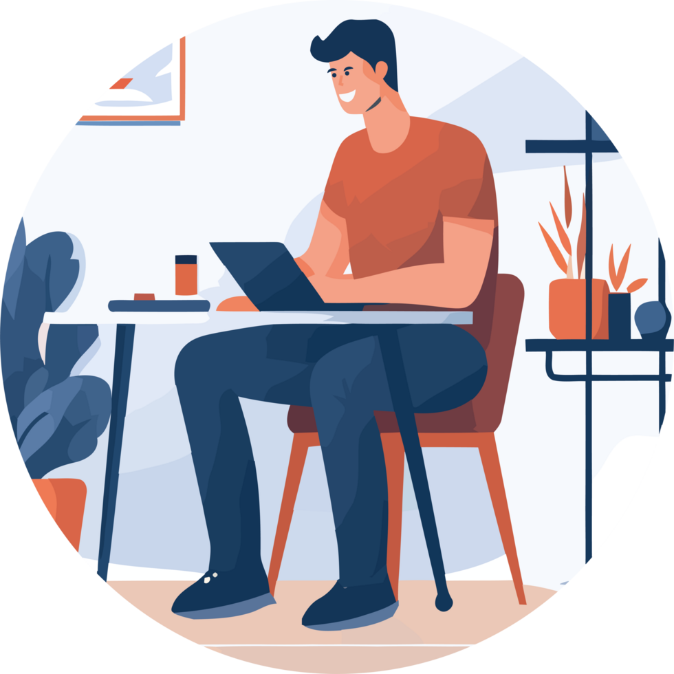 A man sitting at a desk with a laptop png