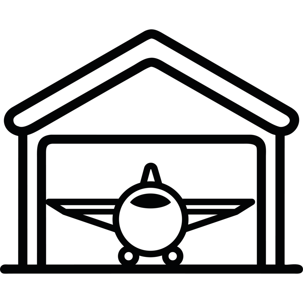 A black and white illustration of a plane in a hangar png