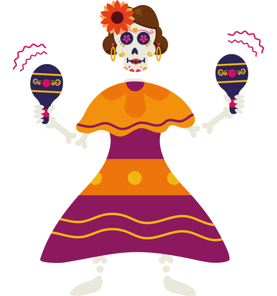 A cartoon skeleton dancer with two maracas png