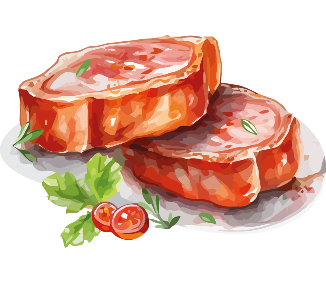 Two slices of meat are on a plate with tomatoes png