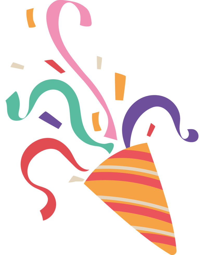 A colorful party hat with confetti and streamers png