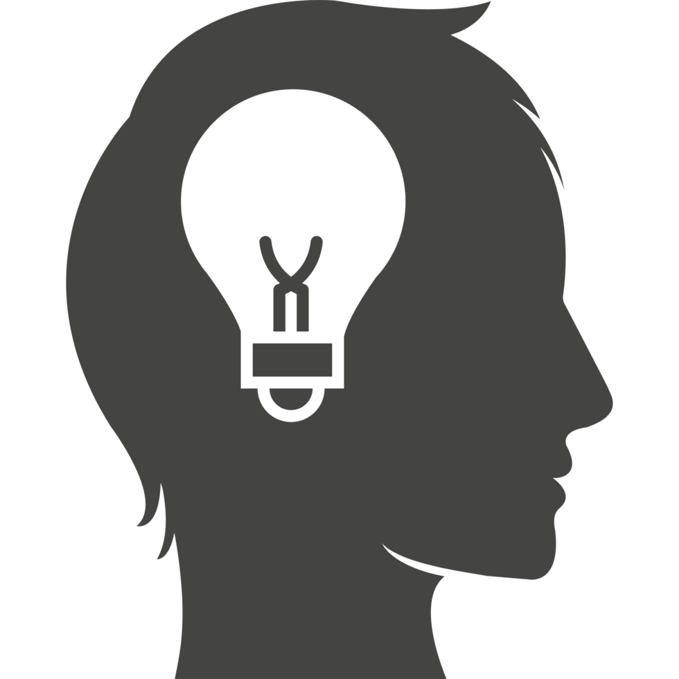 A silhouette of a man's head with a light bulb in it png