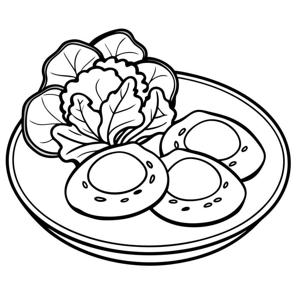 Fried eggs on a plate and salad. vector