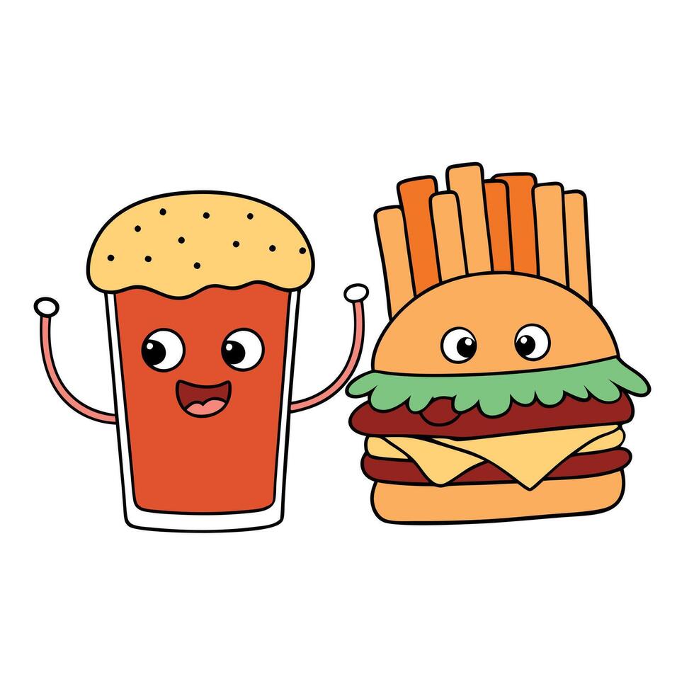Bacon Cheeseburger with Fries and Beer vector
