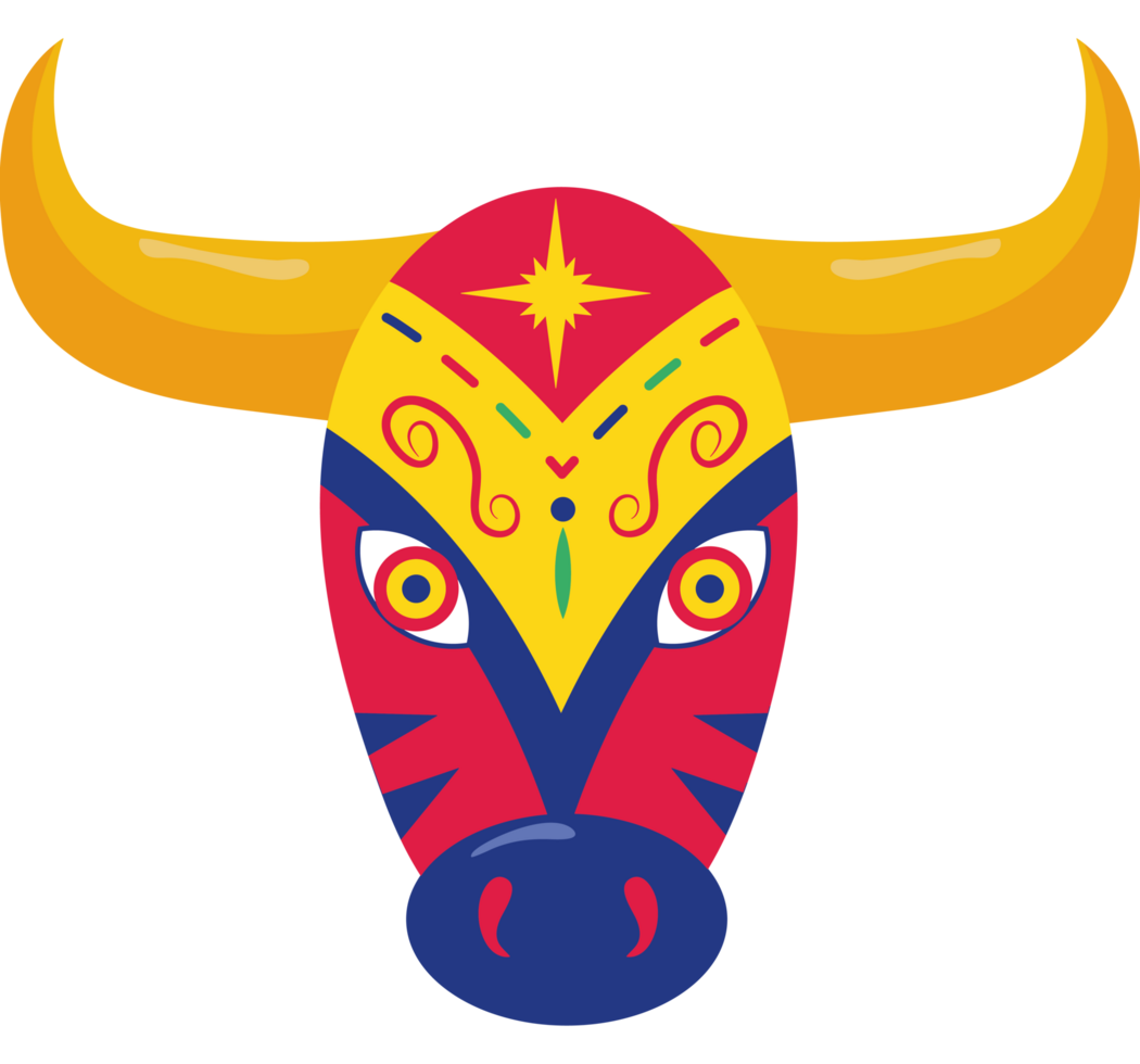 A colorful bull head with horns and a star on its forehead png