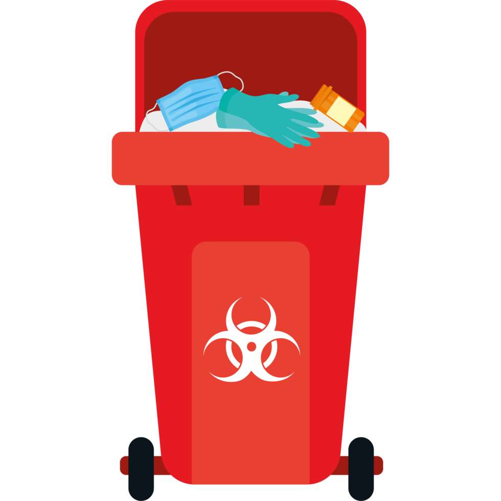 A red trash can with gloves and a biohazard symbol png