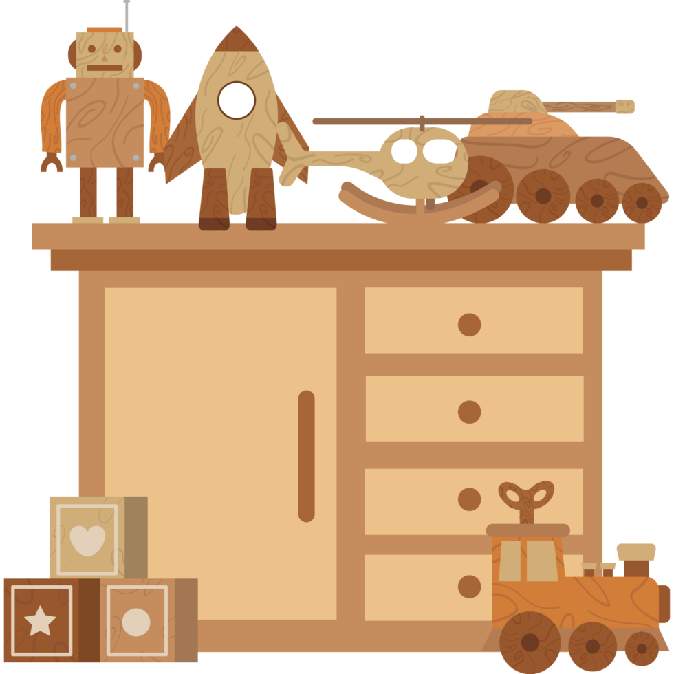 A wooden toy chest with toys on it png