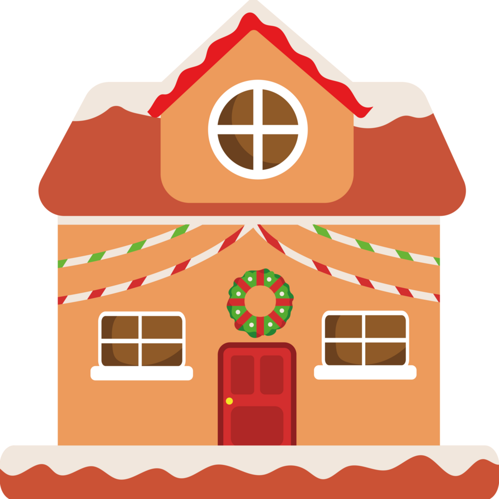 A gingerbread house with a wreath on the front door png