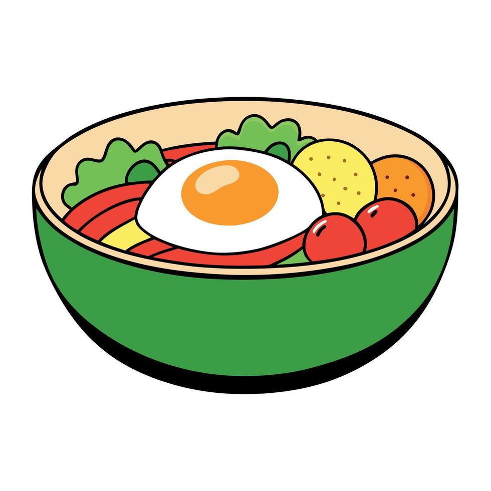 A vibrant breakfast bowl with a sunny-side-up egg. crispy bacon. arugula. cherry tomatoes. and other vector