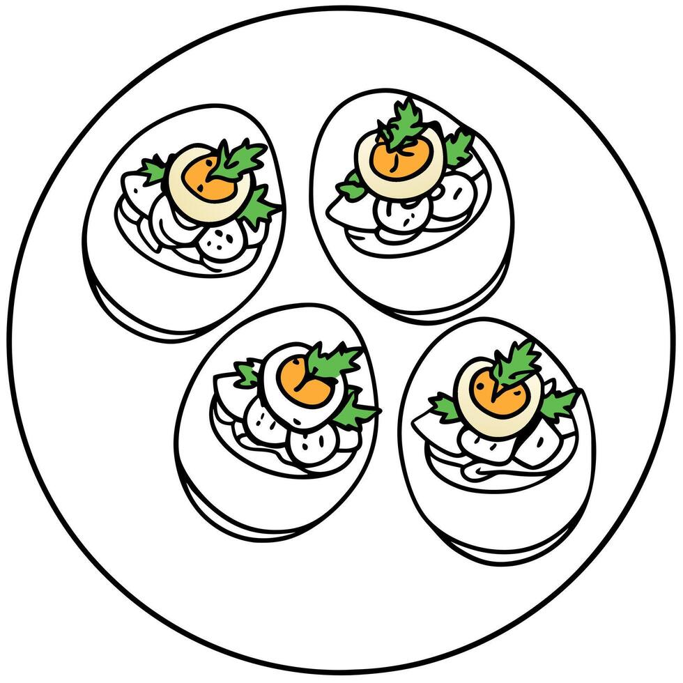 Arrange of deviled eggs garnished with crispy bacon pieces and fresh parsley leaves on a white plate vector