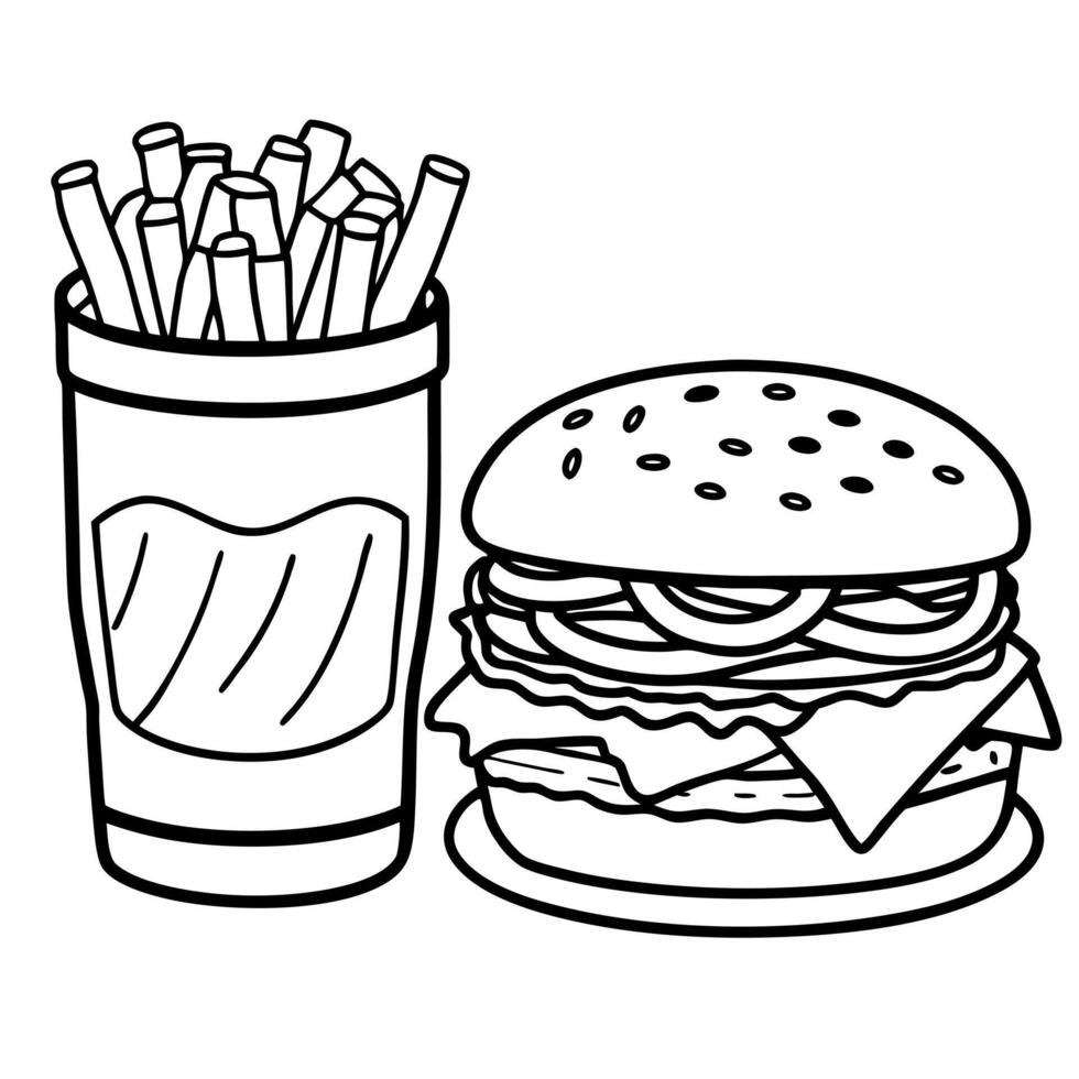 Bacon cheeseburger on toasted pretzel bun served with fries and beer shot with selective focus. Copy vector