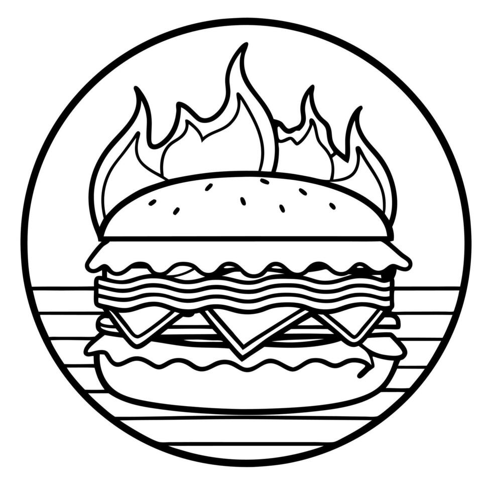 Gourmet Bacon Cheeseburger on Grill with Flaming Background - Juicy and Colorful Burger Ingredients vector