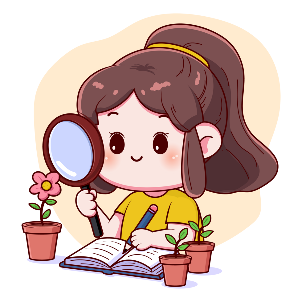 Girl studying with magnifying glass and flower in pot png