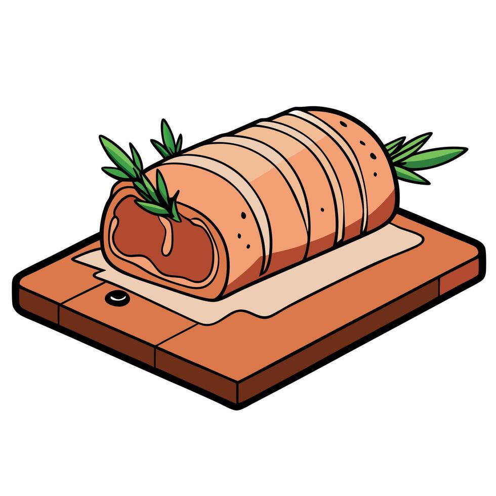 Juicy roasted pork loin wrapped in crispy bacon slices and garnished with fresh thyme and rosemary. vector