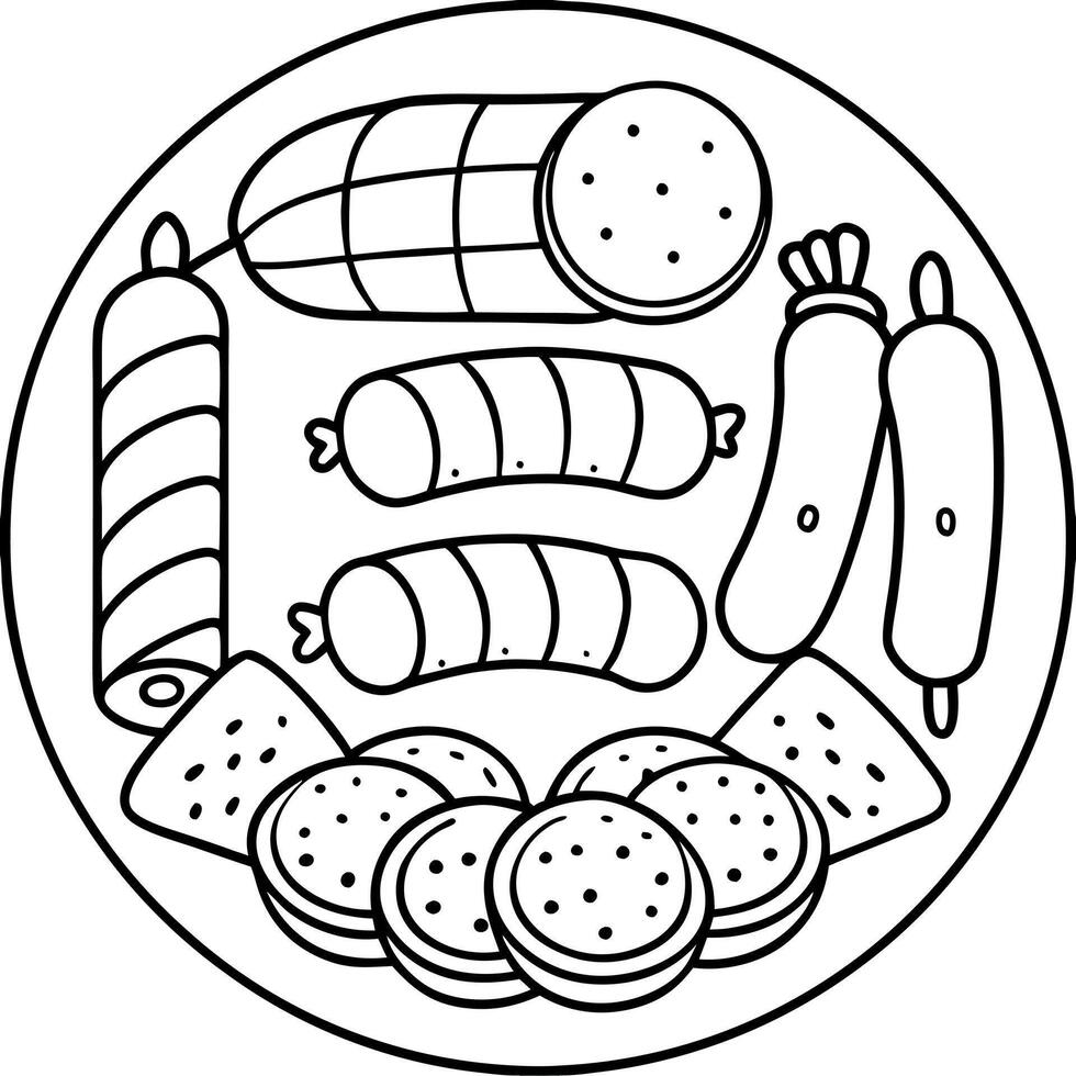 Front view of various kinds of raw sausages like mortadella. bacon. salami. ham and pickled sausages vector