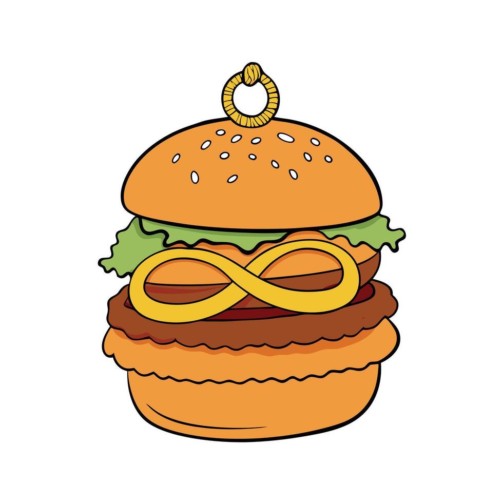 A hearty barbecue burger smothered in tangy sauce. piled high with crispy onion rings. and finished vector