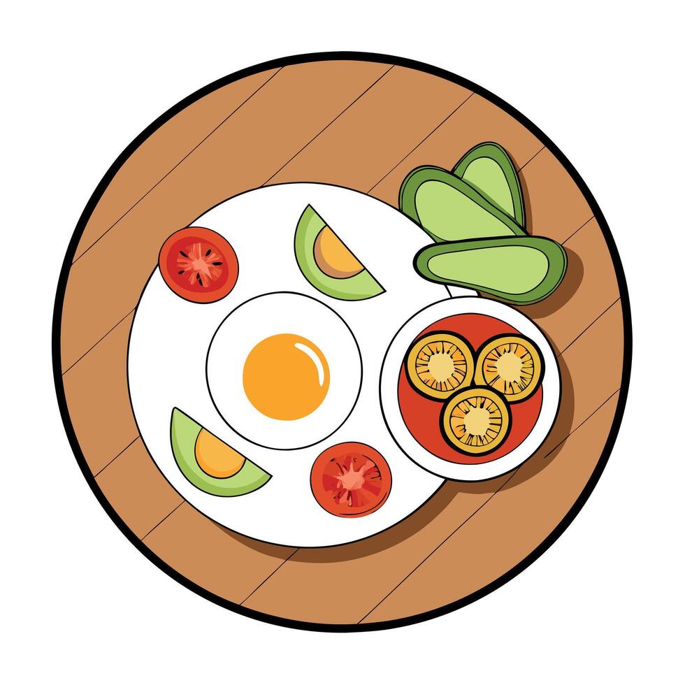 A top-down view of a delicious breakfast consisting of fried eggs. avocado. tomatoes. and garnishes vector