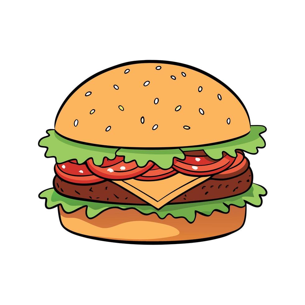 Delicious gourmet bacon cheeseburger with fresh lettuce. tomato slices. cheddar cheese. and a seeded vector