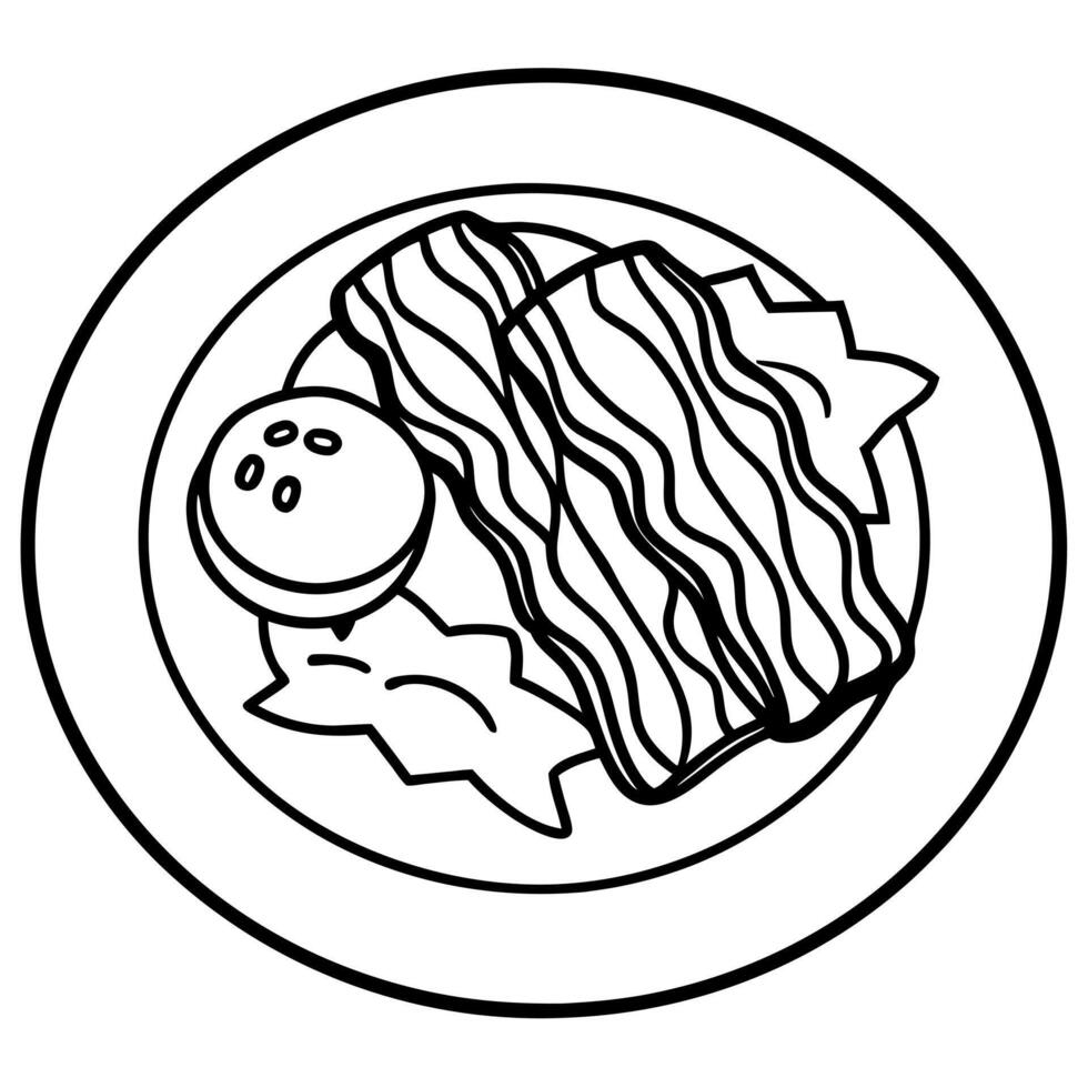 A white plate topped with eggs and bacon vector