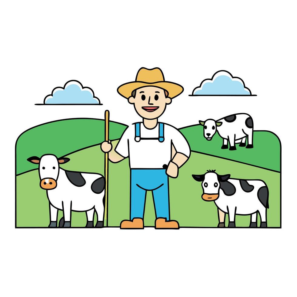 Farmer and cows in a field vector