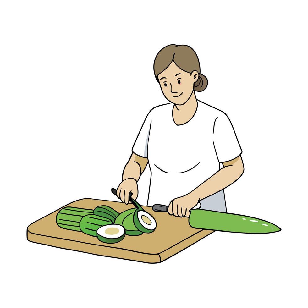Close-up shot of woman's hands slicing fresh cucumber on cutting board. Preparation vegetarian salad vector
