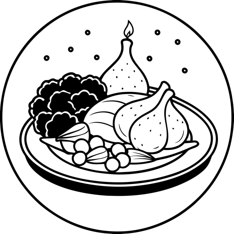 In the dimly lit restaurant. a plate of white chicken meat cooked with garlic and served with green vector